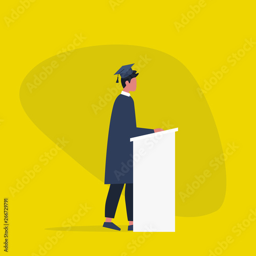 Graduated student wearing a cap and a gown. Character standing behind the tribune / flat editable vector illustration, clip art