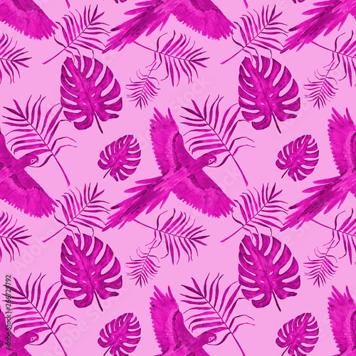 tropical pattern parrot leaves monstera and palm pink © Ирина Самойлова