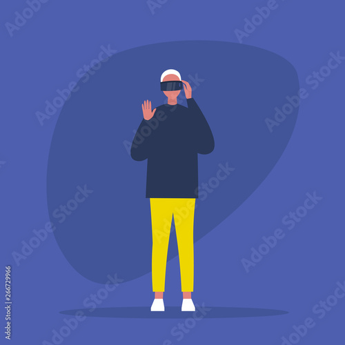 Young male character wearing a virtual reality headset. VR. AR. New technologies. Millennial gadgets and lifestyle / flat editable vector illustration