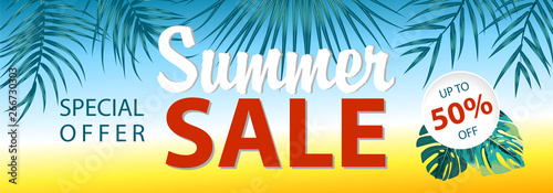 Summer sale banner with tropical leaves background