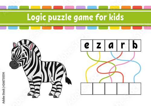 Logic puzzle game. Learning words for kids. Find the hidden name. Education developing worksheet. Activity page for study English. Game for children. Isolated vector illustration. Cartoon style.