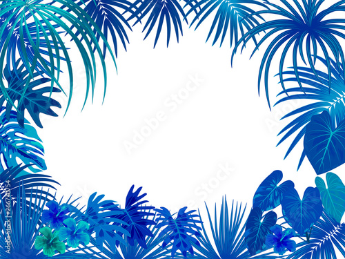 Vector tropical jungle frame with palm trees and leaves on white background