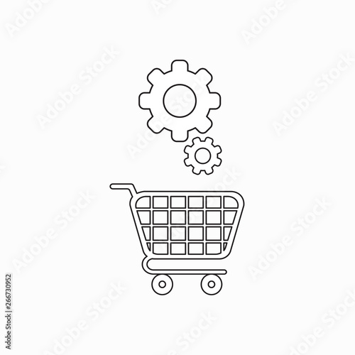Vector icon concept of gears over shopping cart.