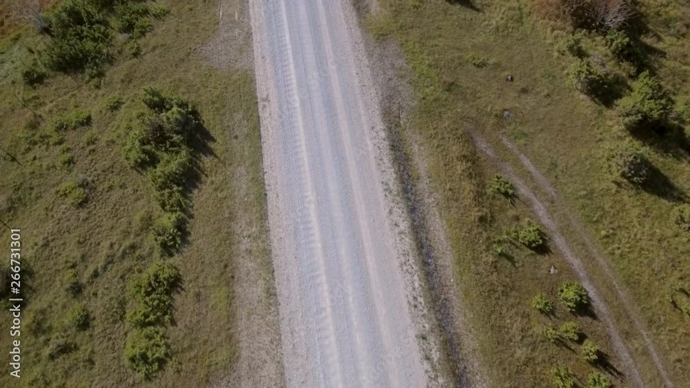 An aerial view of the car running on the long road in Saaremaa Estonia with the green field on the side An aerial view of the car running on the long road in Saaremaa Estonia with the green field on the side