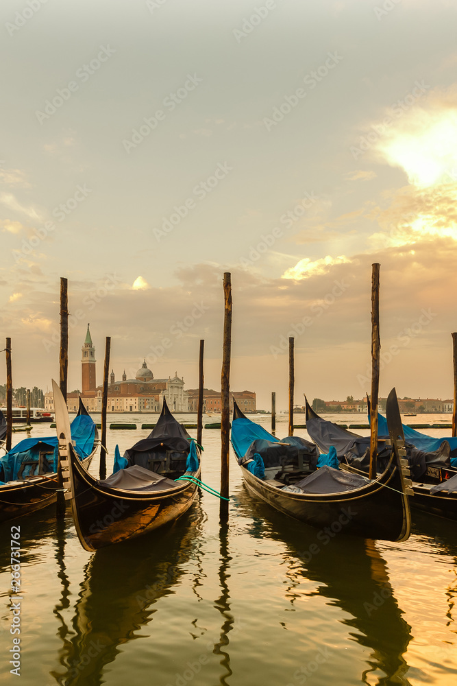 Gondolas of Venice in the morning light. Italy.