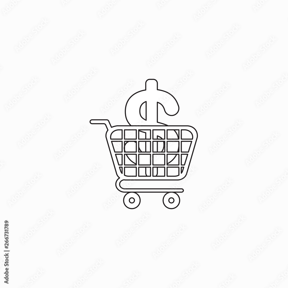 Vector icon concept of dollar symbol inside shopping cart. Vector icon concept of dollar symbol inside shopping cart.