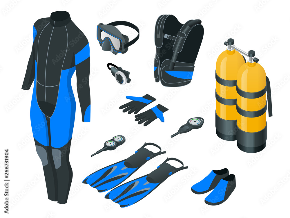 Vettoriale Stock Isometric mans Scuba gear and accessories . Equipment for  diving. IDiver wetsuit, scuba mask, snorkel, fins, regulator dive icons  Underwater activity diving equipment and accessories Underwater sport |  Adobe Stock