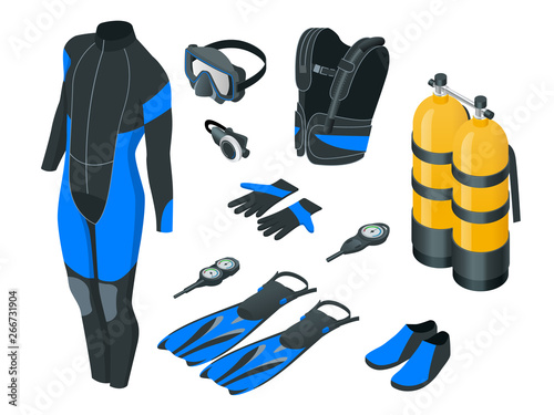 Isometric mans Scuba gear and accessories . Equipment for diving. IDiver wetsuit, scuba mask, snorkel, fins, regulator dive icons Underwater activity diving equipment and accessories Underwater sport