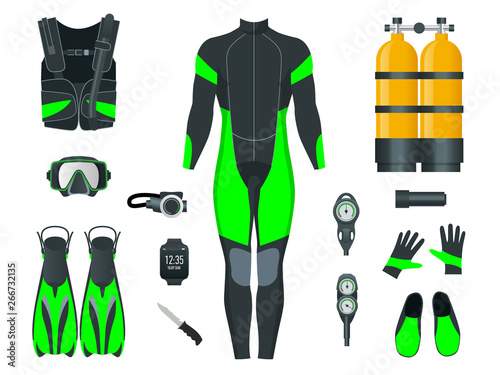 Man's Scuba gear and accessories. Equipment for diving. IDiver wetsuit, scuba mask, snorkel, fins, regulator dive icons. Underwater activity diving equipment and accessories. Underwater sport.