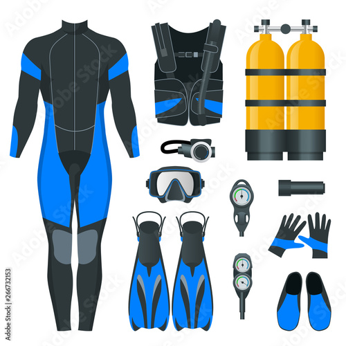 Man's Scuba gear and accessories. Equipment for diving. IDiver wetsuit, scuba mask, snorkel, fins, regulator dive icons. Underwater activity diving equipment and accessories. Underwater sport.