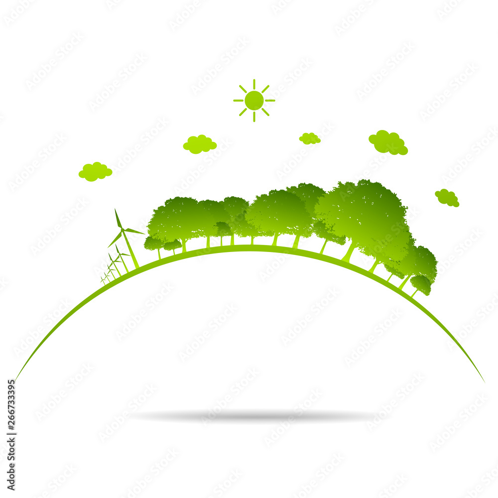Ecology concept with green city on earth. sustainable development World environment concept, vector illustration Ecology concept with green city on earth. sustainable development World environment concept, vector illustration
