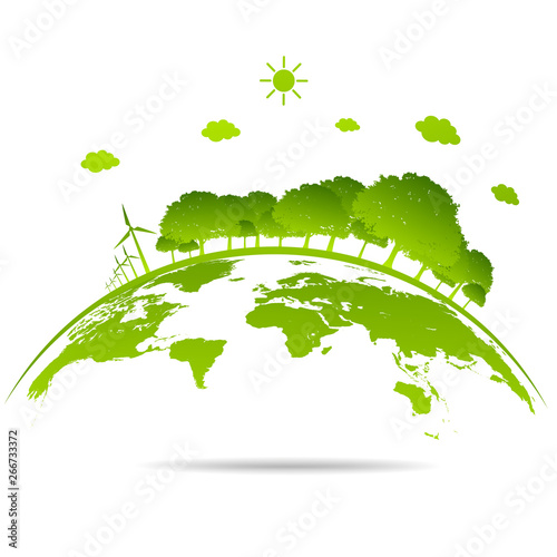 Ecology concept with green city on earth. sustainable development World environment concept, vector illustration