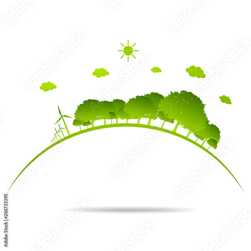 Ecology concept with green city on earth. sustainable development World environment concept, vector illustration