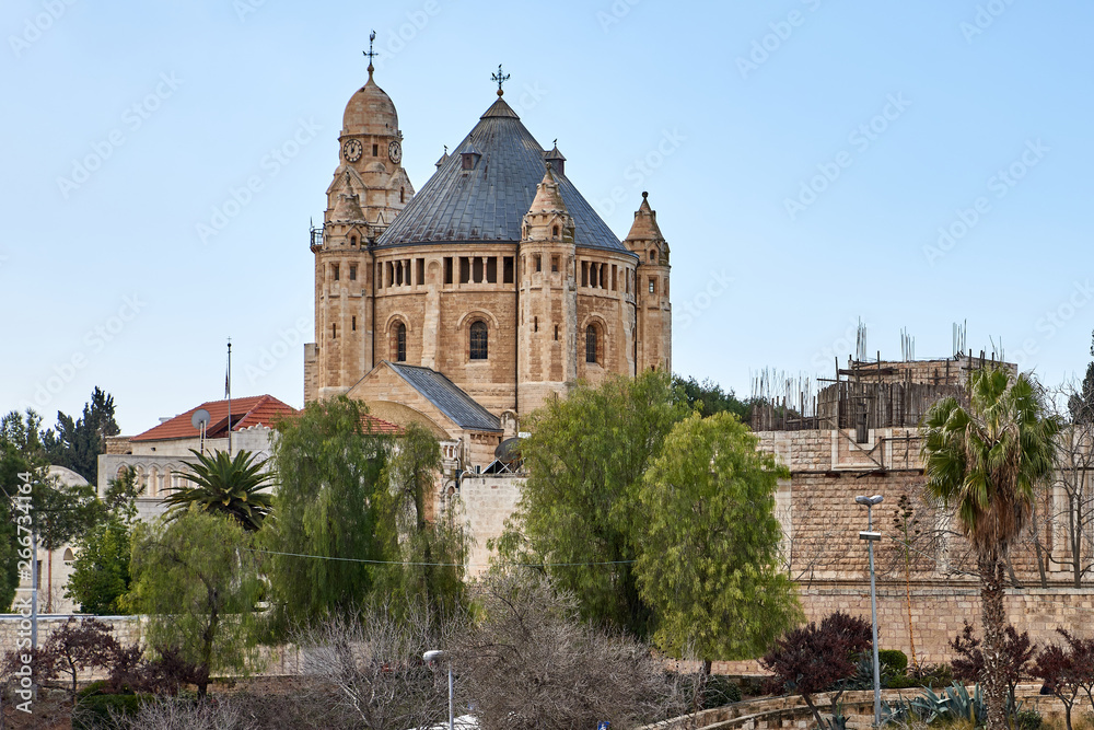 Israel. Jerusalem. The southern wall of the Old Town. Dormition Monastery (Assumption of the Virgin) on Zion Mountain