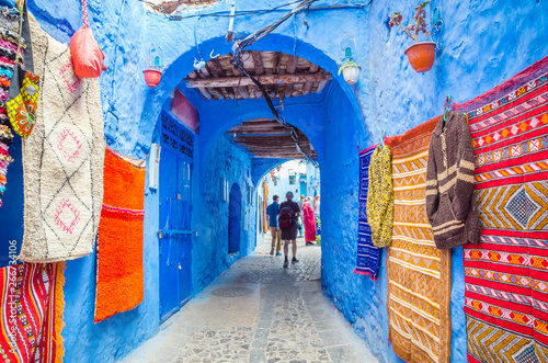 Street market in blue medina of city Chefchaouen,  Morocco, Africa.