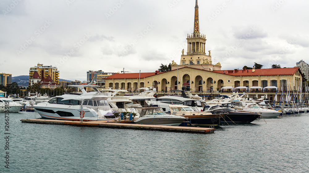 Panorama of the port with yachts in Sochi, Russia - March 28, 2019.