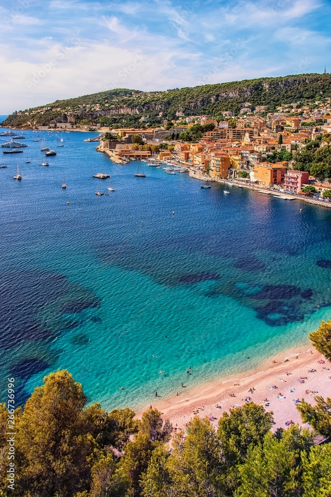 Coastline on the French Riviera with the small village : Villefranche Sur Mer