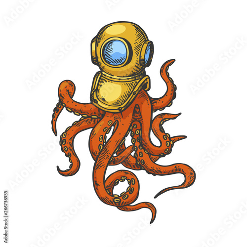 Octopus and old diver helmet color sketch engraving vector illustration. Scratch board style imitation. Black and white hand drawn image.