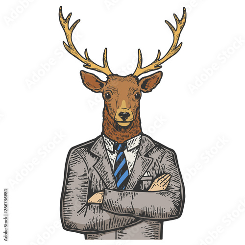Fototapeta Naklejka Na Ścianę i Meble -  Deer head businessman color sketch engraving vector illustration. Scratch board style imitation. Black and white hand drawn image.