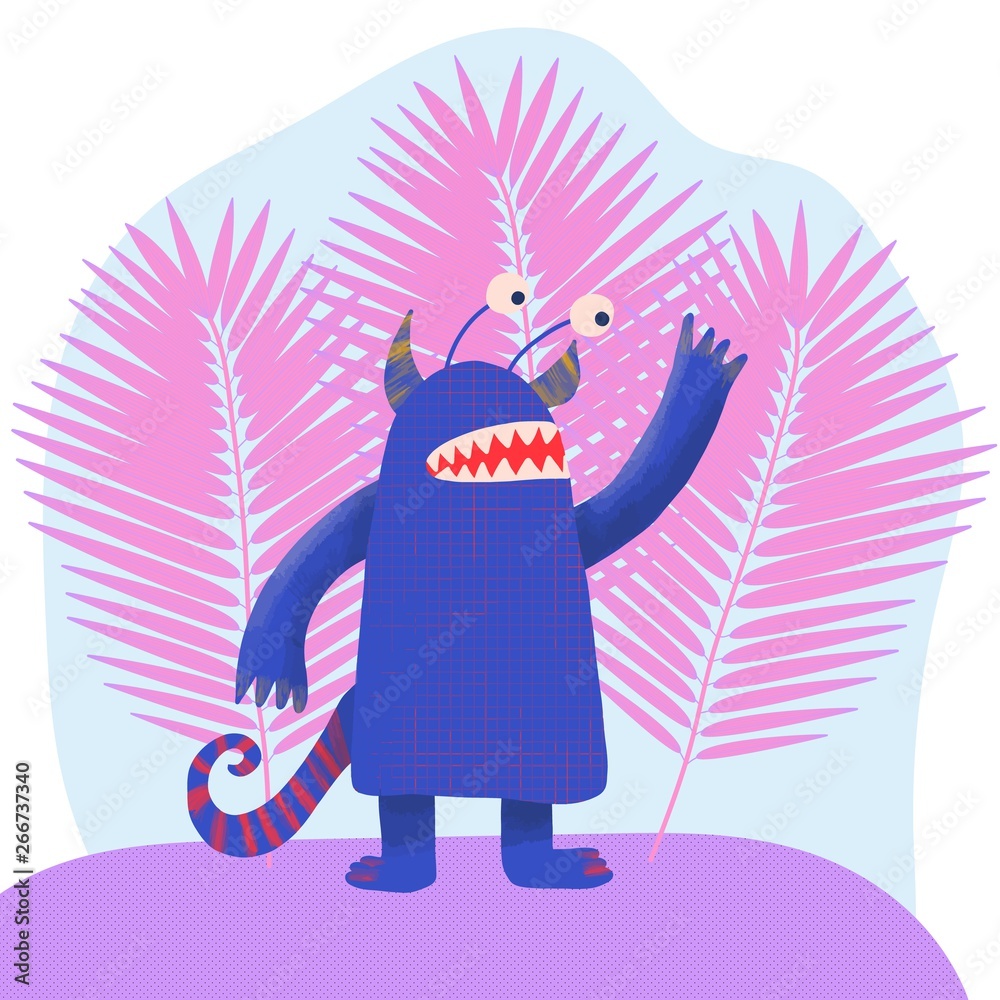 Φωτογραφία Children's design, cute attractive monster of blue color on a background of pink tropical monstera leaves