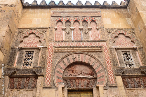 Door and facade of Espiritu Santo, Moorish facade of the Great Mosque in Cordoba, Andalusia, Spain
