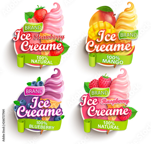 Set of strawberry, mango, blueberry and raspberry Ice cream logos with fruits, berries and sundaes.Gelato for banner,poster,brand,template and label,packaging,packing,emblem and advertise.Vector