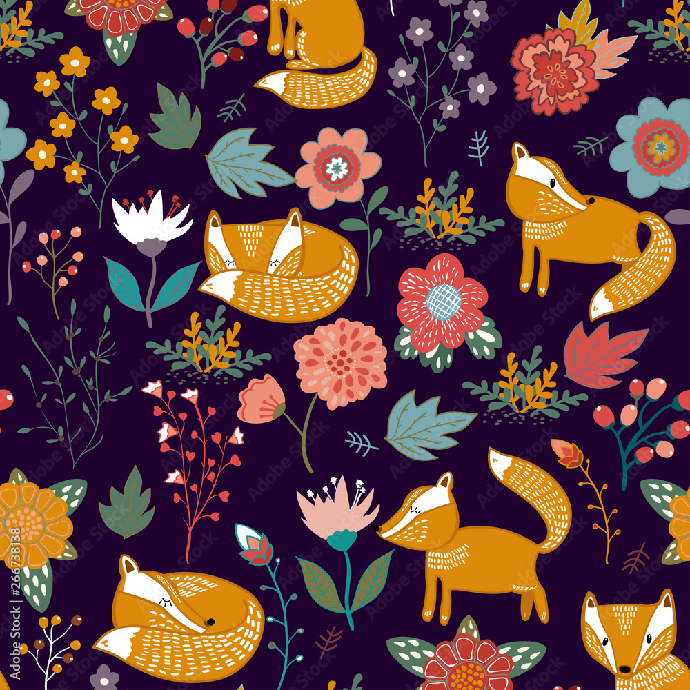 Summer forest seamless pattern background with a fox Summer forest seamless pattern background with a fox