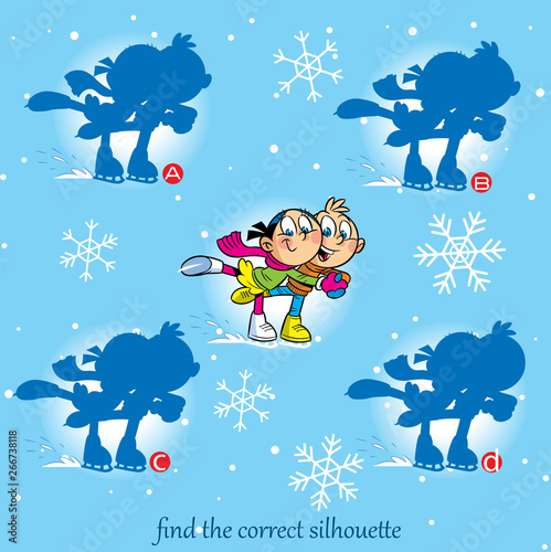 In the vector illustration puzzle, find the right silhouette of children who skate