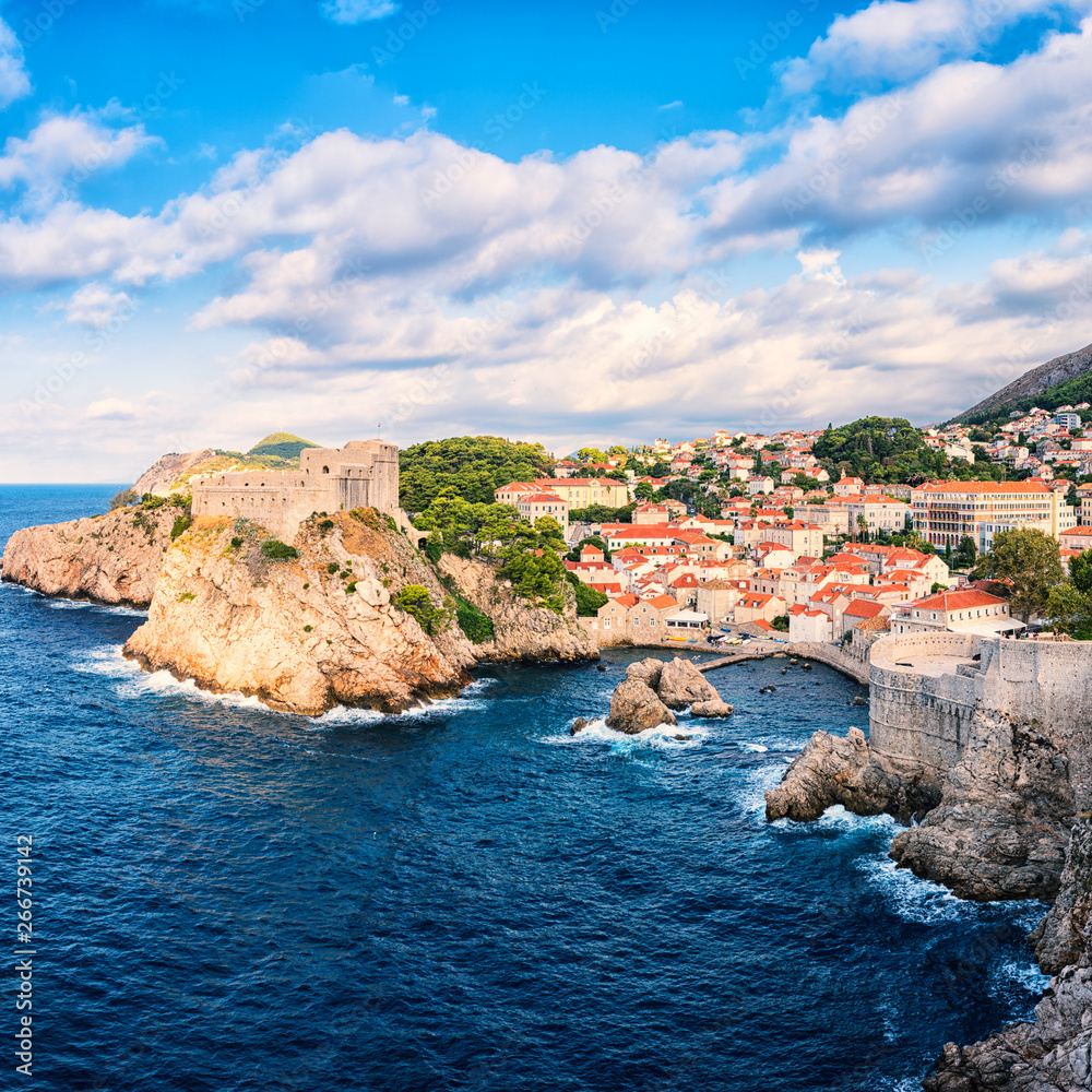 Dubrovnik medieval fortresses, Lovrijenac and Bokar, popular view from the ancient city wall. The world famous and most visited historic city of Croatia, UNESCO World Heritage site, travel background
