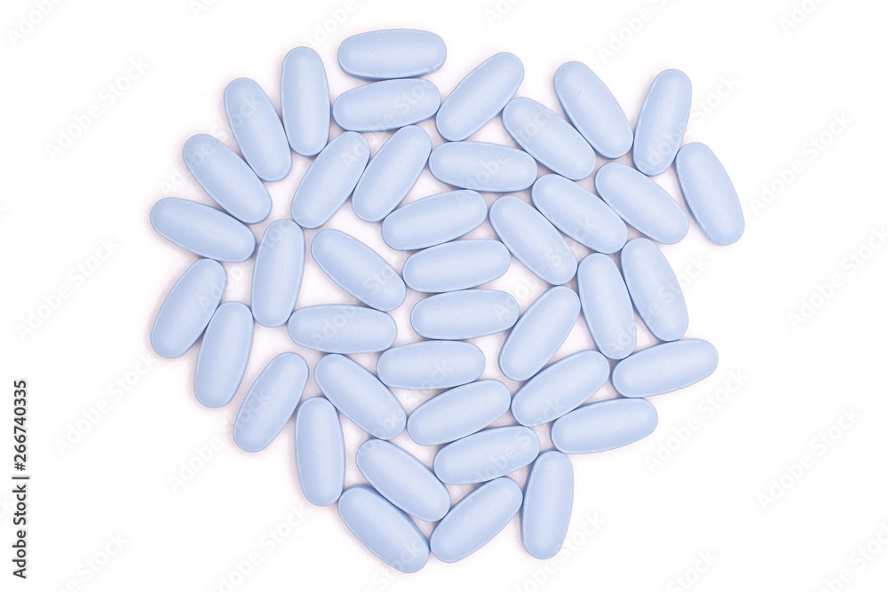 Lot of whole blue medical drug flatlay isolated on white background Lot of whole blue medical drug flatlay isolated on white background