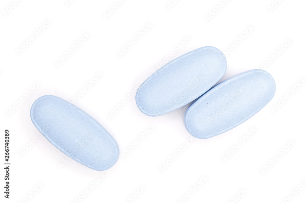 Group of three whole blue medical drug flatlay isolated on white background