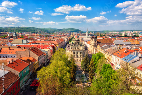 Top view of Main street (Hlavna ulica) of Kosice Old city from St. Elisabeth Cathedral, with State theatre Košice (Statne divadlo) and medieval architecture, Slovakia (Slovensko)