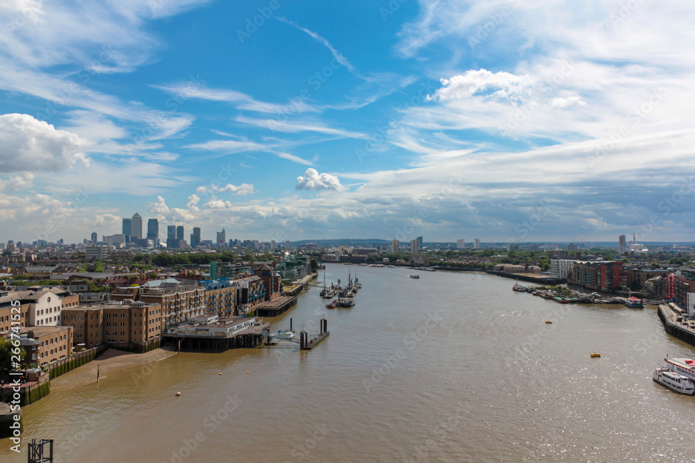View over the Thames River and the City of London from The Tower Bridge. London, England, UK