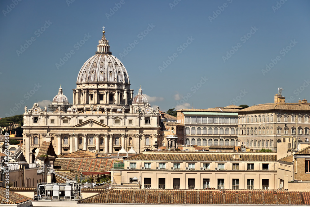 Vatican City and St. Peter's Basilica. Rome, view with a view of the Vatican palaces taken from a window of Castel Sant'Angelo.