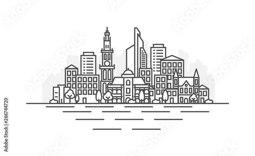 Antwerp, Belgium architecture line skyline illustration. Linear vector cityscape with famous landmarks, city sights, design icons. Landscape with editable strokes.