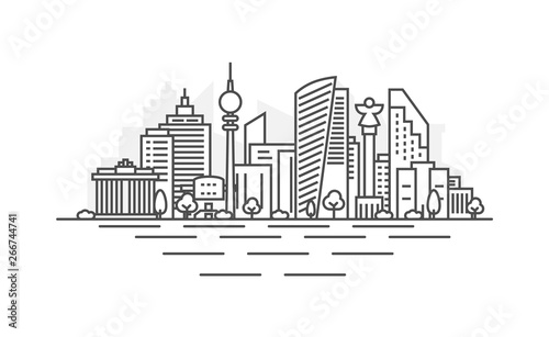Berlin  Germany architecture line skyline illustration. Linear vector cityscape with famous landmarks  city sights  design icons. Landscape with editable strokes.