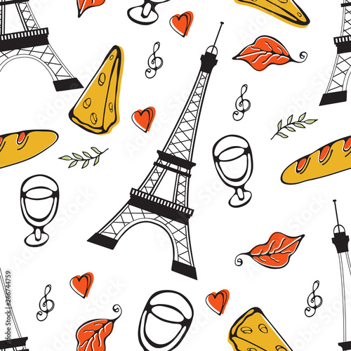 Paris seamless pattern. Eiffel tower, wine glass, baguette and other symbols in one stylish background