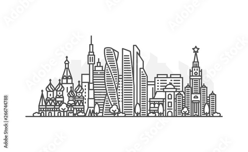 Moscow, Russia architecture line skyline illustration. Linear vector cityscape with famous landmarks, city sights, design icons. Landscape with editable strokes.