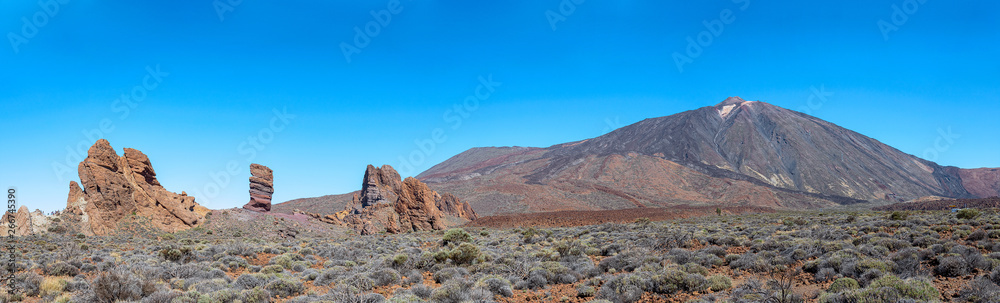 Amazing panoramic view of  The Roque Cinchado  and volcano Teide in Tenerife, Canary Islands, Spain. Its must-see of everyone who visits Tenerife. Beautiful unearthly landscape background.