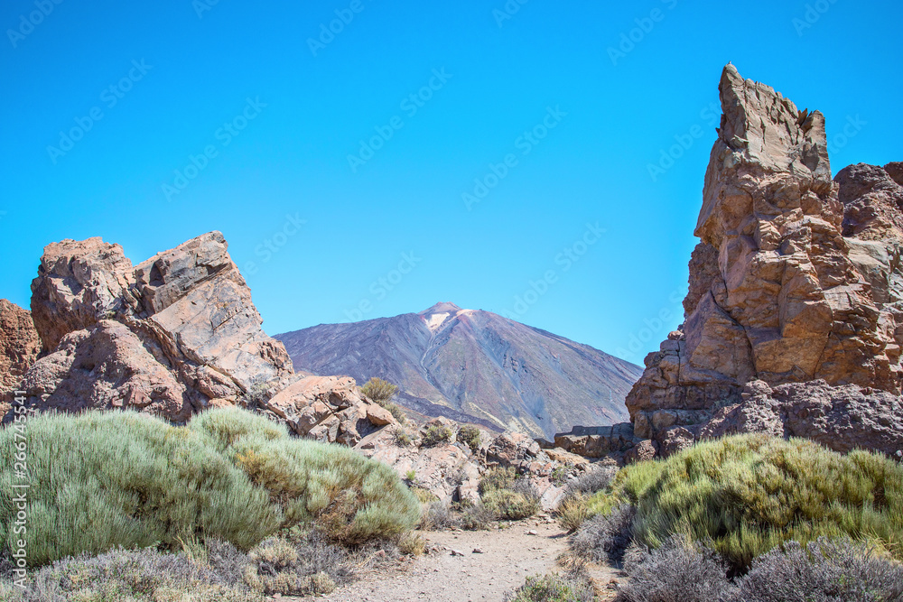 Obraz premium View of Volcano El Teide with volcanic rocks in The National Park of Las Canadas del Teide. Best place to visit and walk in Tenerife Canary Islands Spain.