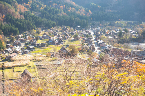 View of Traditional gassho-zukuri house in autumn season at Shirakawa-go,Japan