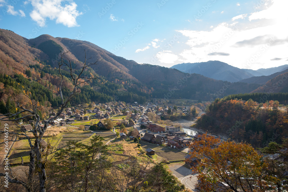 View of Traditional gassho-zukuri house in autumn season at Shirakawa-go,Japan