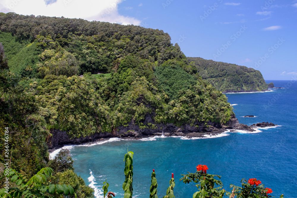 Grüne Hänge mit Felsenküste blauen Meer auf Hawaii