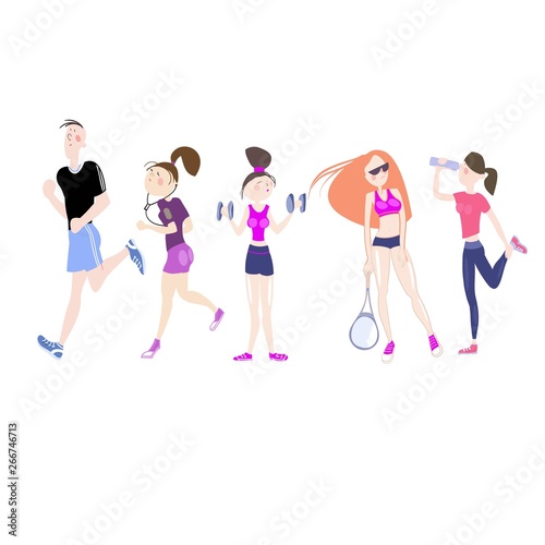 Set of color illustrations in vector, young people involved in various sports, active healthy lifestyle, cartoon characters
