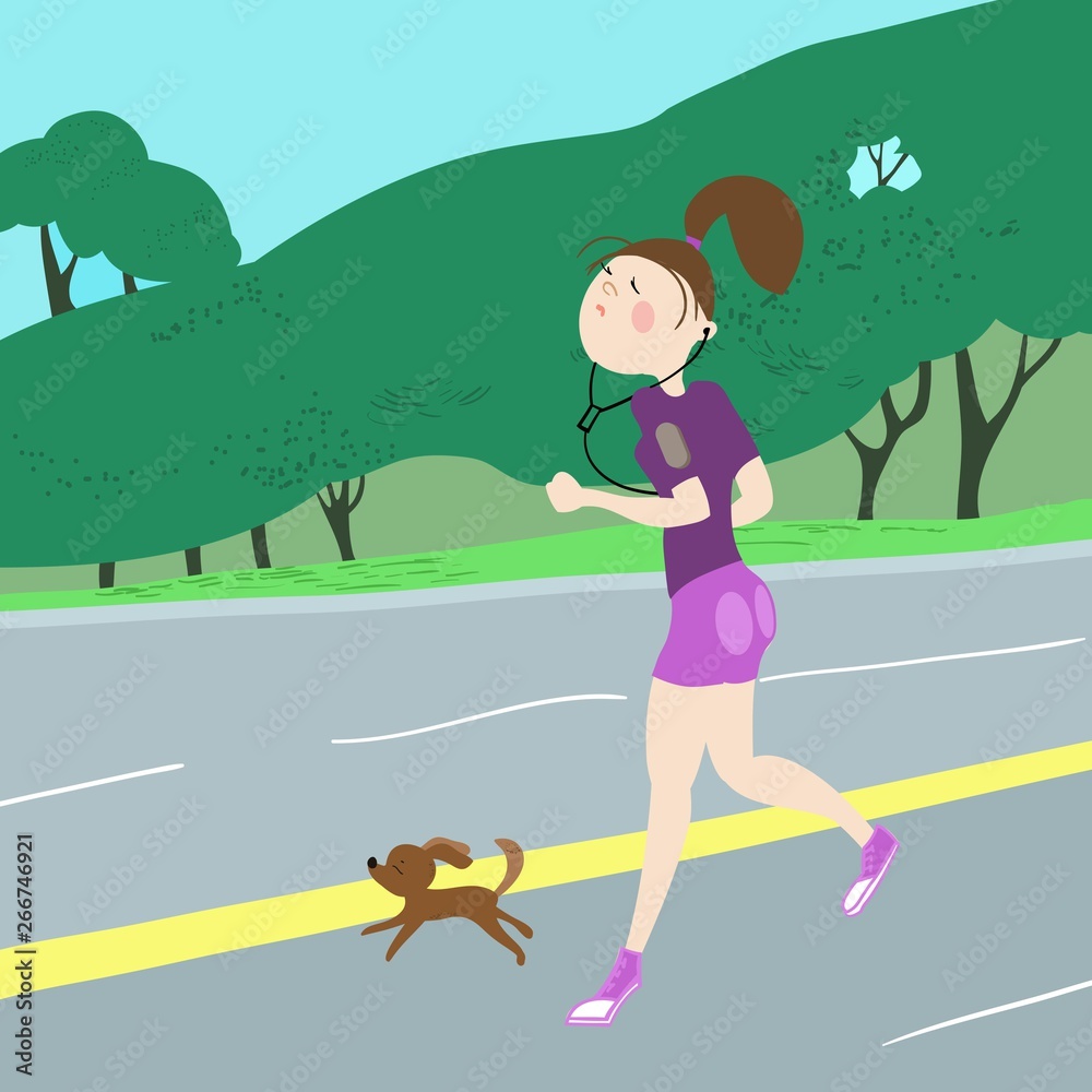 The girl and her pet, exercising outdoors, cardio exercises, running, color, cartoon illustration in vector, for advertising of sports complex, stadium