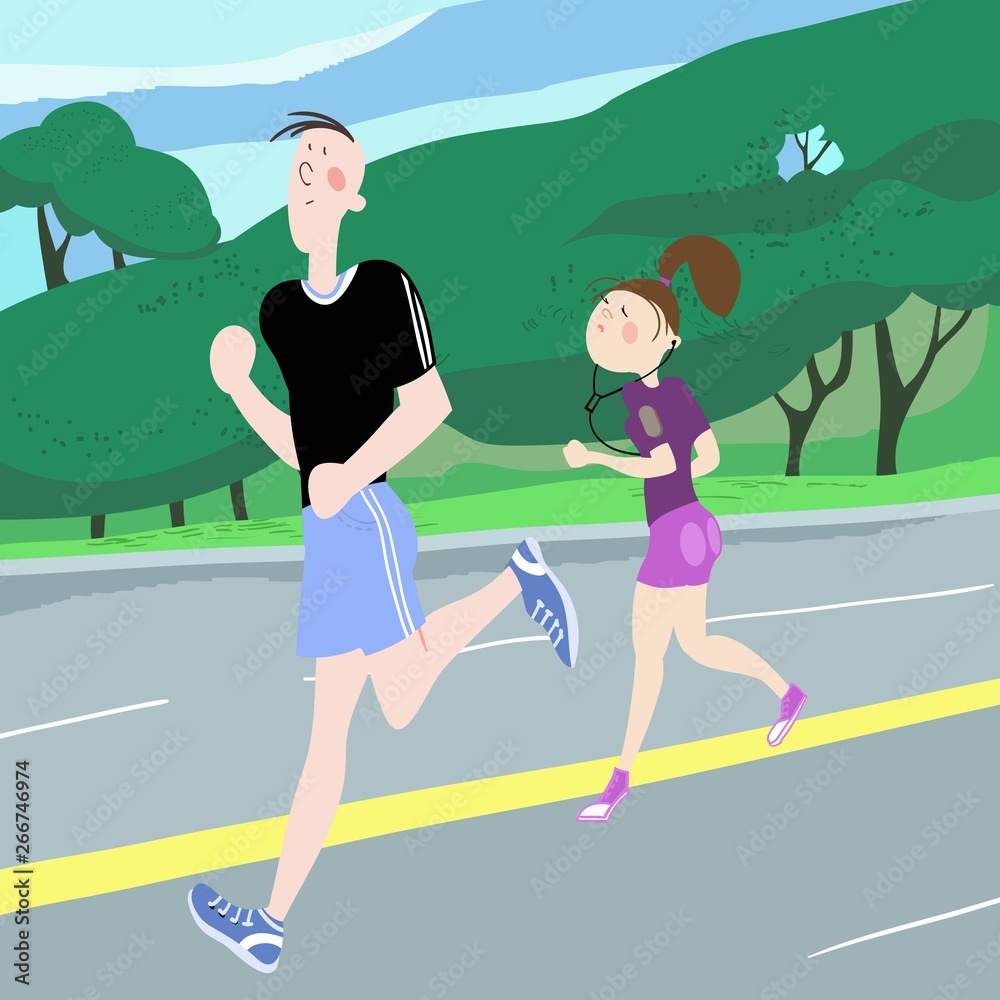 A girl and a guy, a married couple,exercising outdoors, cardio exercises, running, color, cartoon illustration in vector for advertising of the sports complex, stadium