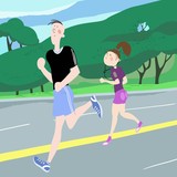 A girl and a guy, a married couple,exercising outdoors, cardio exercises, running, color, cartoon illustration in vector for advertising of the sports complex, stadium