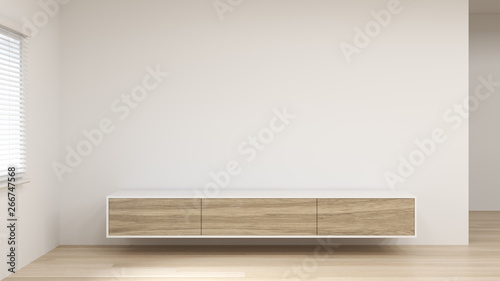 Clean white room and modern Tv wood cabinet in empty room interior background  3d rendering home designs