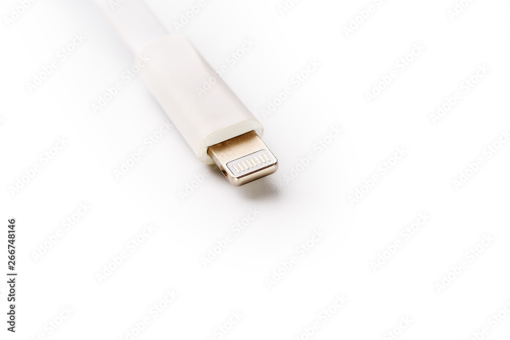 Connector lightning on a white background. This is a proprietary connector used to connect mobile devices to well-known host computers Connector lightning on a white background. This is a proprietary connector used to connect mobile devices to well-known host computers