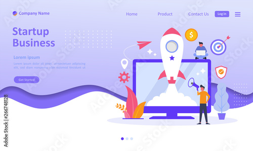 Business Startup launch concept with rocket icon on screen. People character. Suitable for web landing page, ui, mobile app, banner template. Vector Illustration